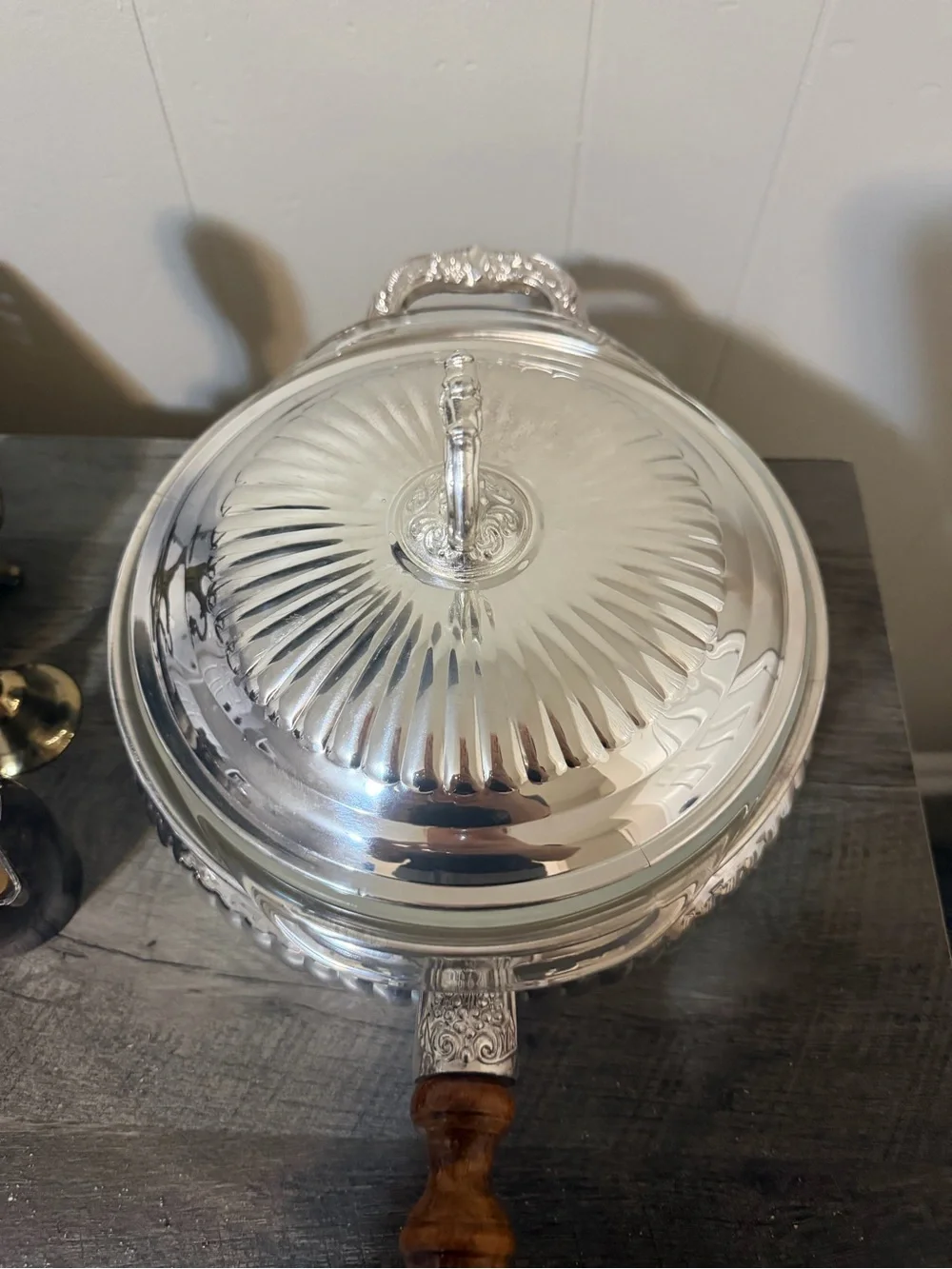 Silver-Tone Lidded Serving Pan with Wooden Handle